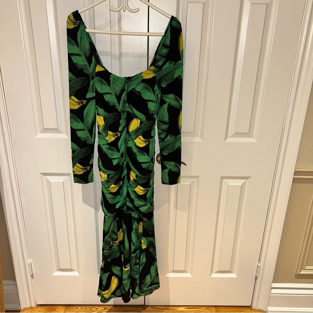 Ganni Ruched Black Banana Palm Print Midi Dress - Picture 4 of 13